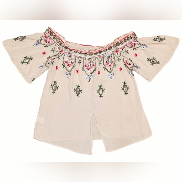 Democracy Women's Medium Beige Colorful Embroidered Huipil Off-Shoulder Blouse - Picture 3 of 9